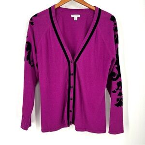 Vintage Y2K Cardigan Spanner Large Soft Wool Velvet Trim Magenta Pink 2000s